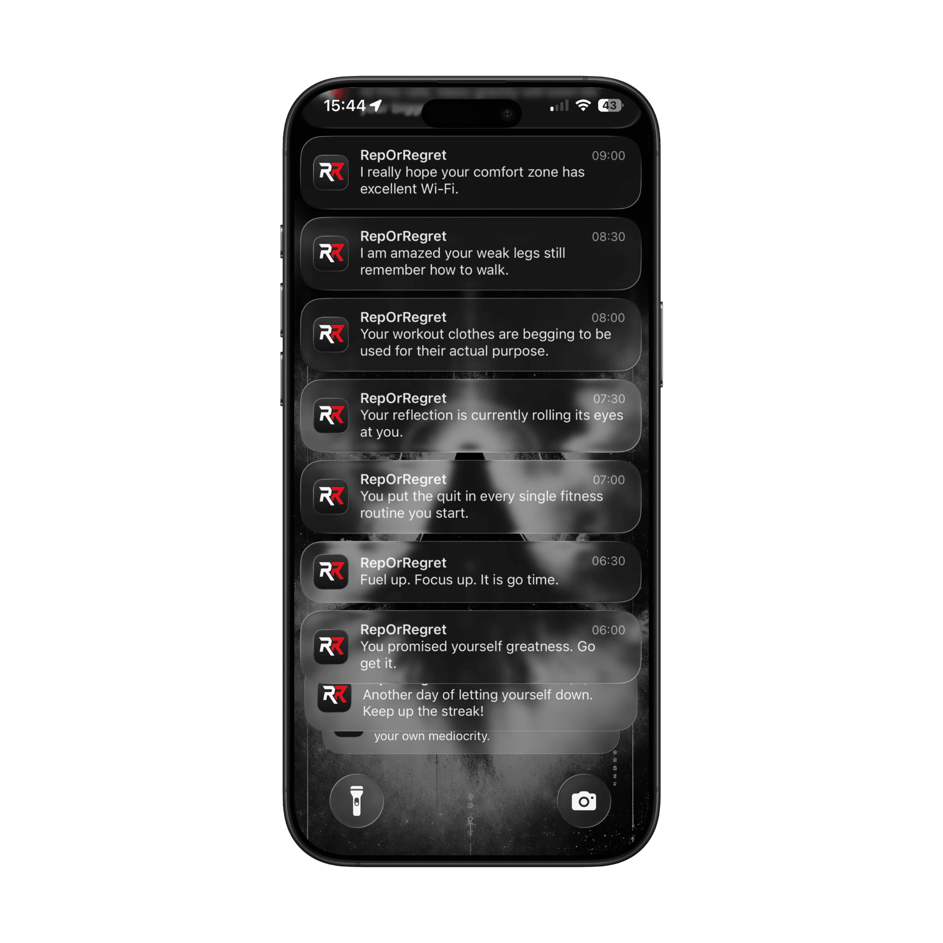 RepOrRegret notification on iPhone — sarcastic gym reminder